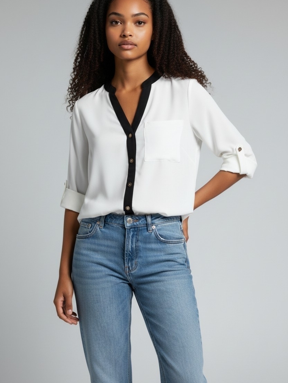 SHEIN White Button-Front Blouse with Black Trim